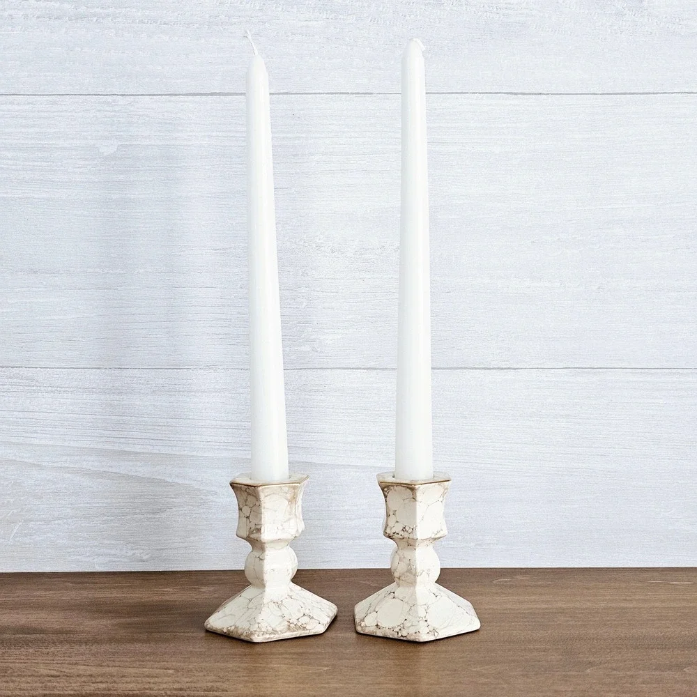 Vintage PartyLite Set of 2 Tan Gold And Beige Marble Look Candlestick Holders